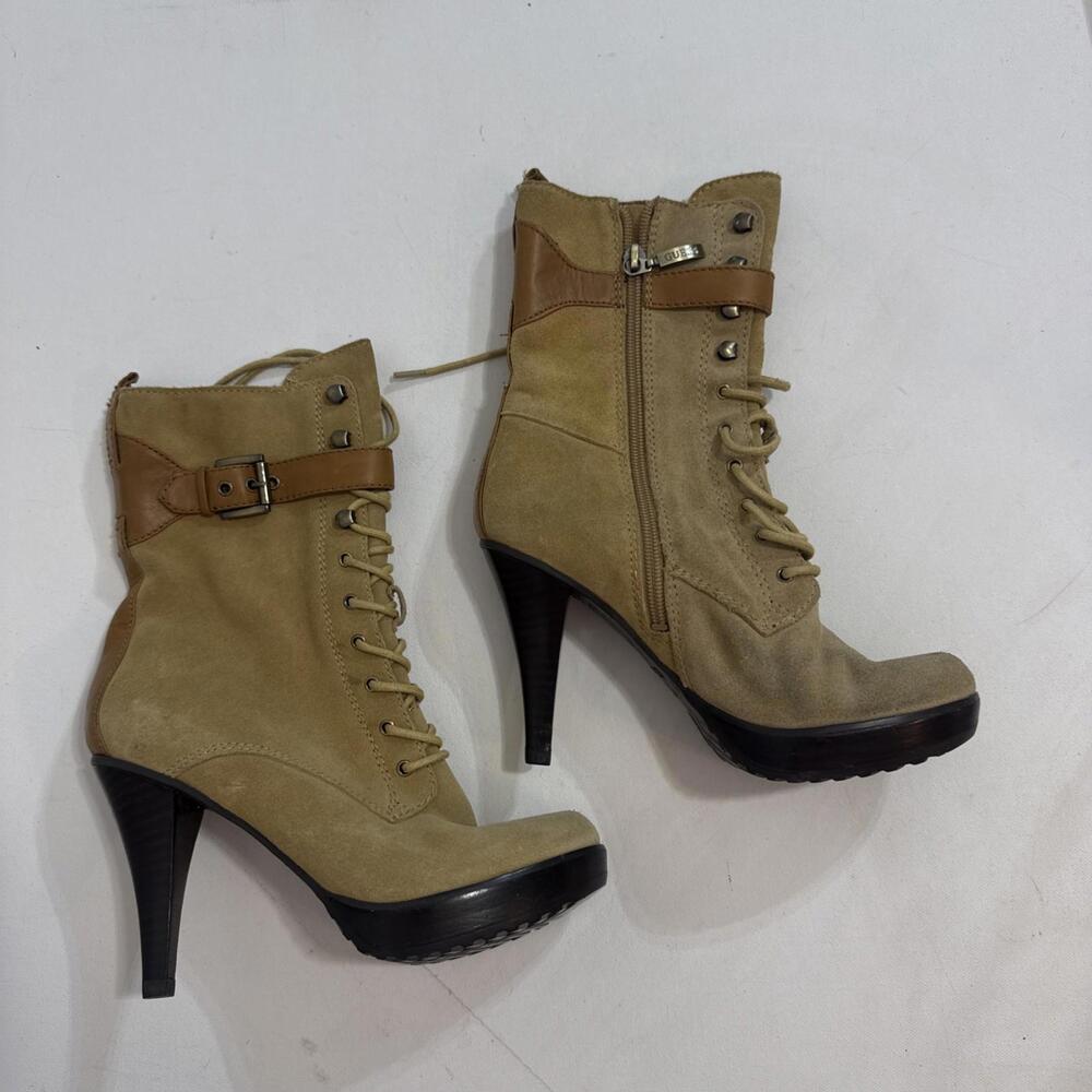 Guess Vintage Y2K Combat Leather Tan Suede Heels Platform Buckle Gorpcore‎ Boots